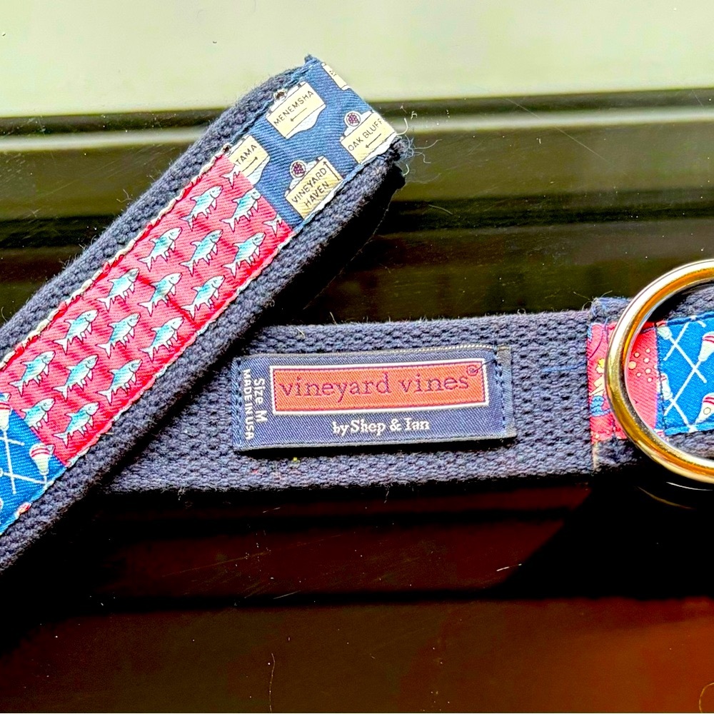 VINEYARD VINES - Vintage Patchwork D-Ring Belt Navy Blue Trim Medium * 39 Inches